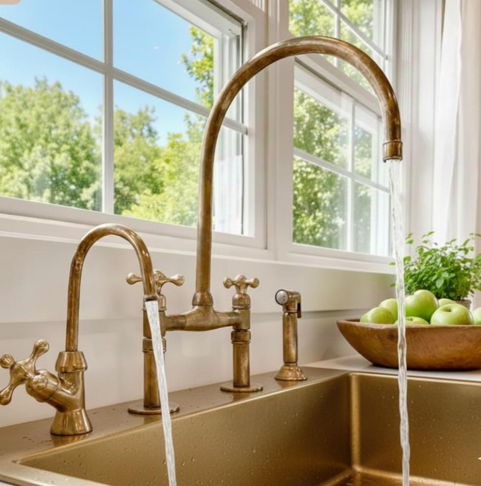 Unlacquered Solid Brass Bridge faucet for kitchen with Sprayer & Cold Tap.