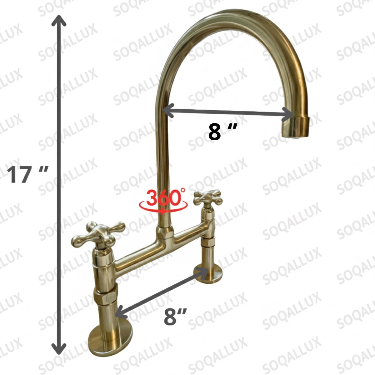 Unlacquered Solid Brass Bridge Kitchen Faucet with Side Sprayer.