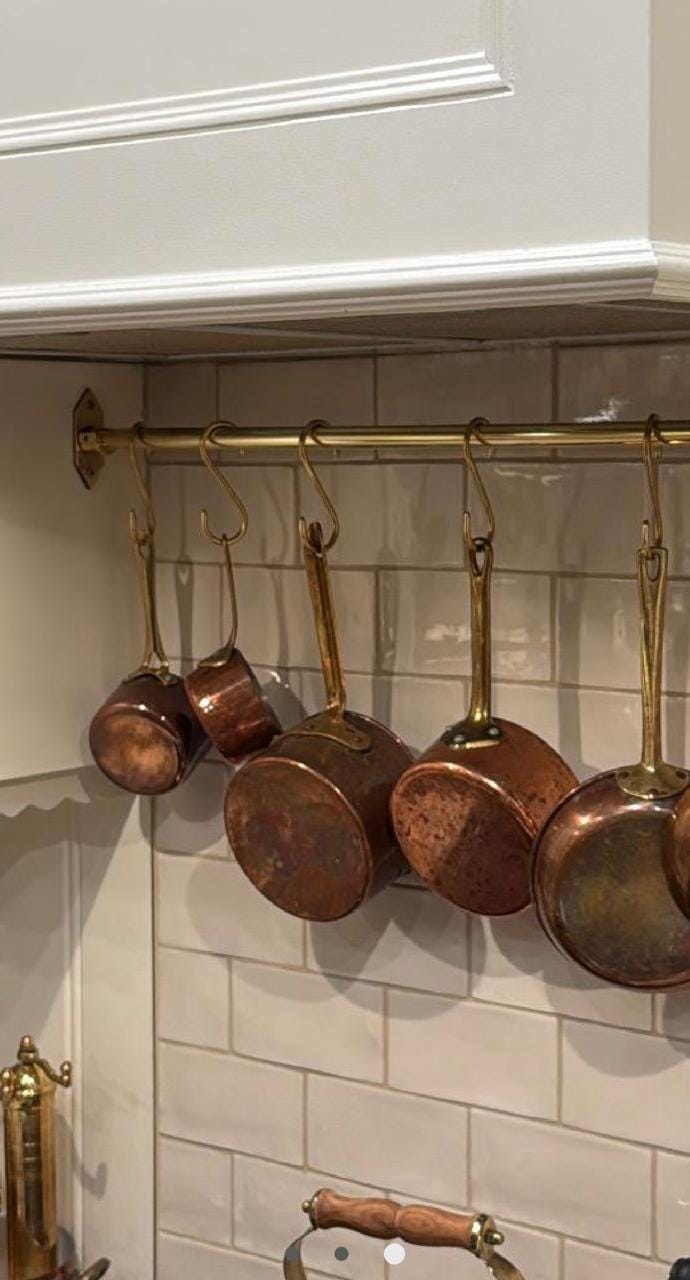 Unlacquered Brass Pot Rail with S-Hooks – Kitchen Hanging Rack.