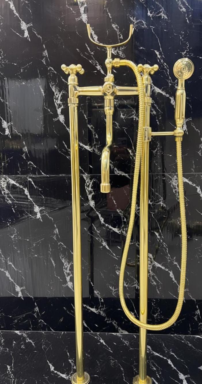 Unlacquered Solid Brass Freestanding Tub Filler With Handheld, Floor Mount Bathtub Faucet.