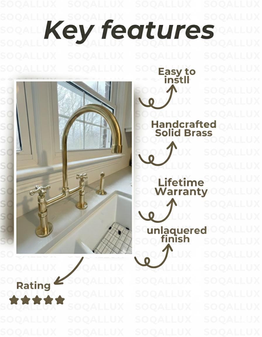 Unlacquered Solid Brass Bridge faucet for kitchen with Sprayer & Cold Tap.