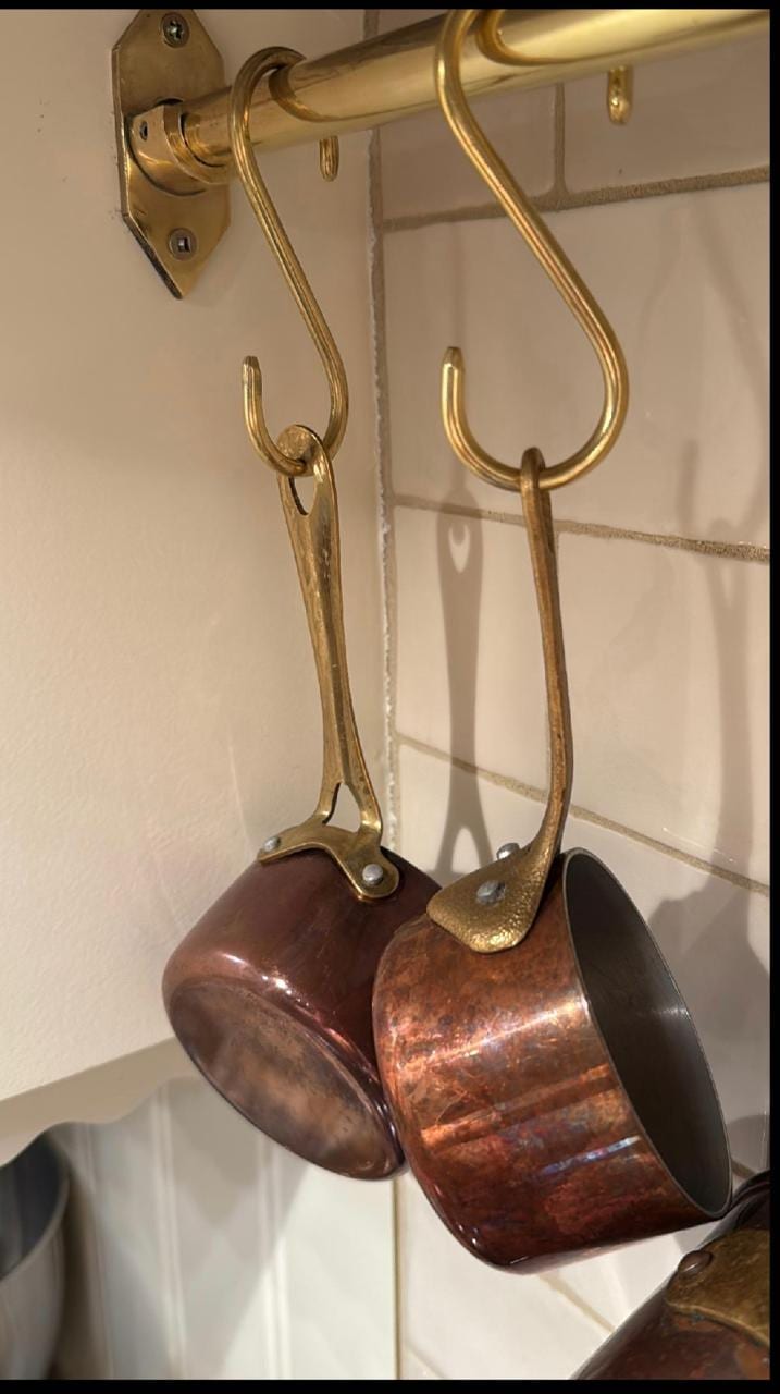 Unlacquered Brass Pot Rail with S-Hooks – Kitchen Hanging Rack.