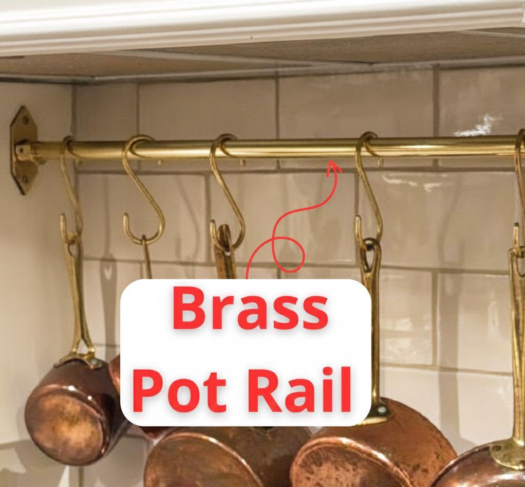 Unlacquered Brass Pot Rail with S-Hooks – Kitchen Hanging Rack.