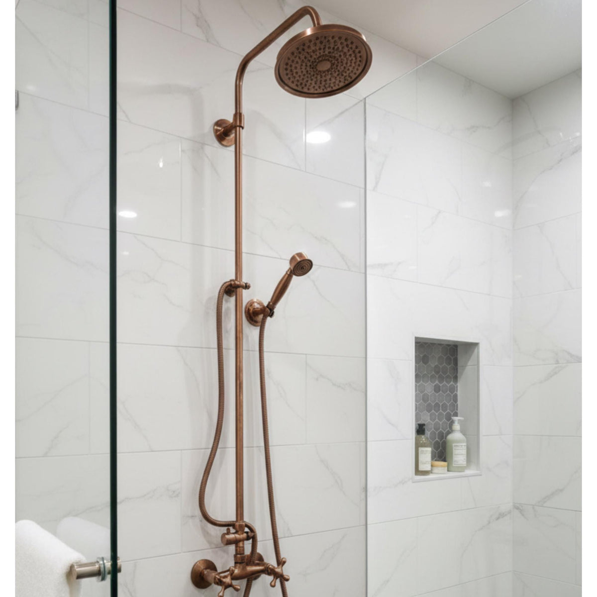 Unlacquered Solid Copper Outdoor Shower with Copper Showerhead.