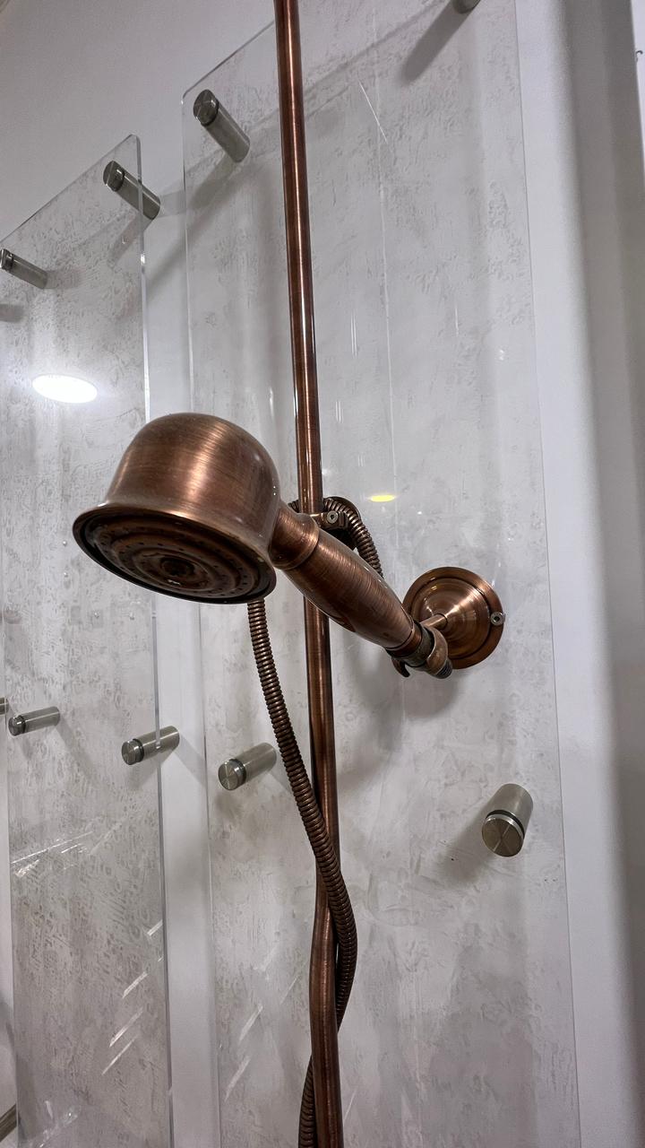 Unlacquered Solid Copper Outdoor Shower with Copper Showerhead.