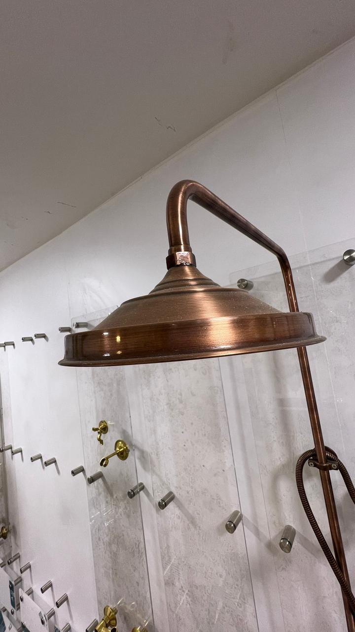 Unlacquered Solid Copper Outdoor Shower with Copper Showerhead.