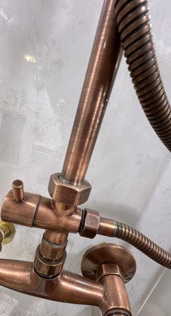 Unlacquered Solid Copper Outdoor Shower with Copper Showerhead.