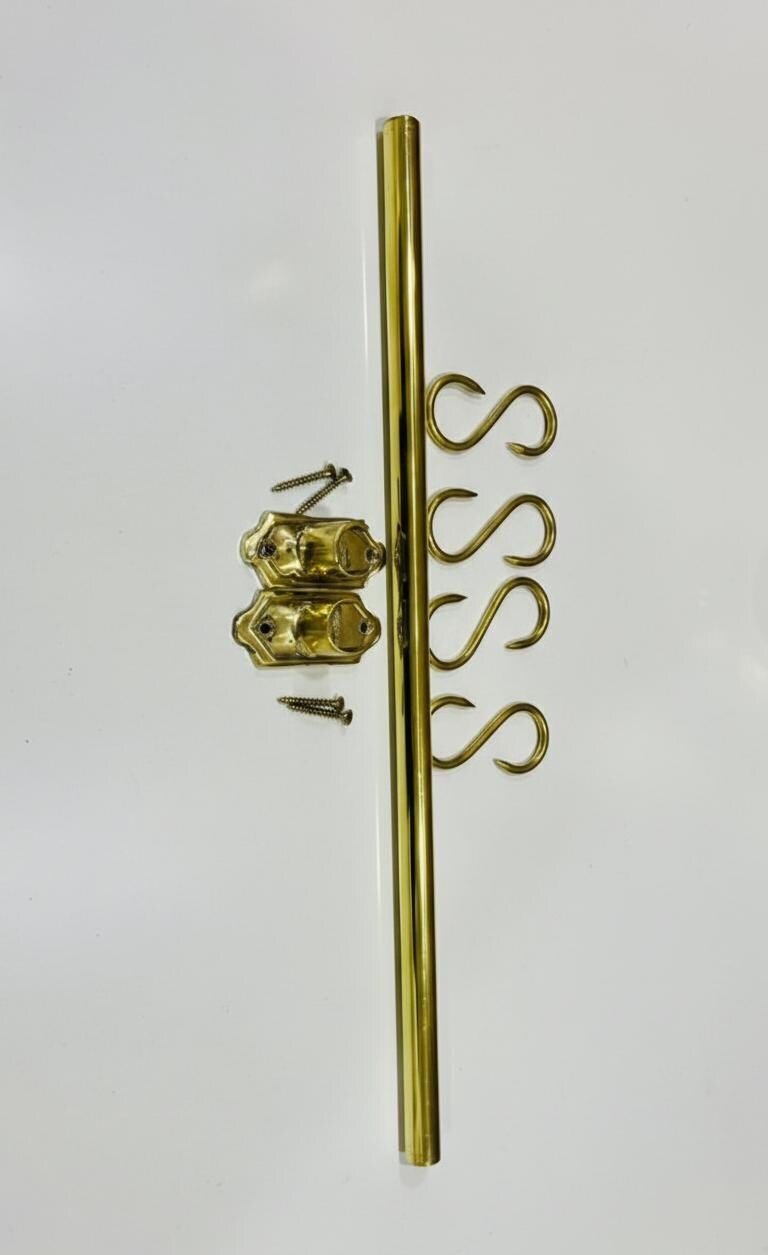 Unlacquered Brass Pot Rail with S-Hooks – Kitchen Hanging Rack.