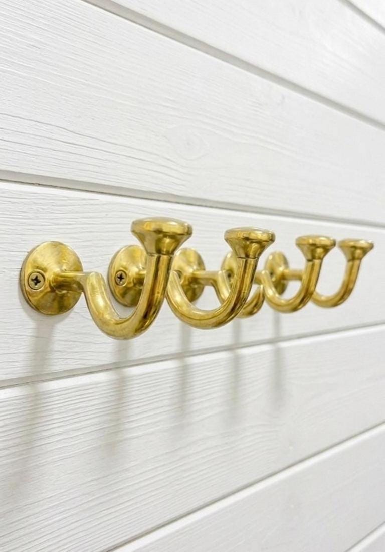 Unlacquered Solid Brass Wall Hooks, Single Wall-Mounted Hook.
