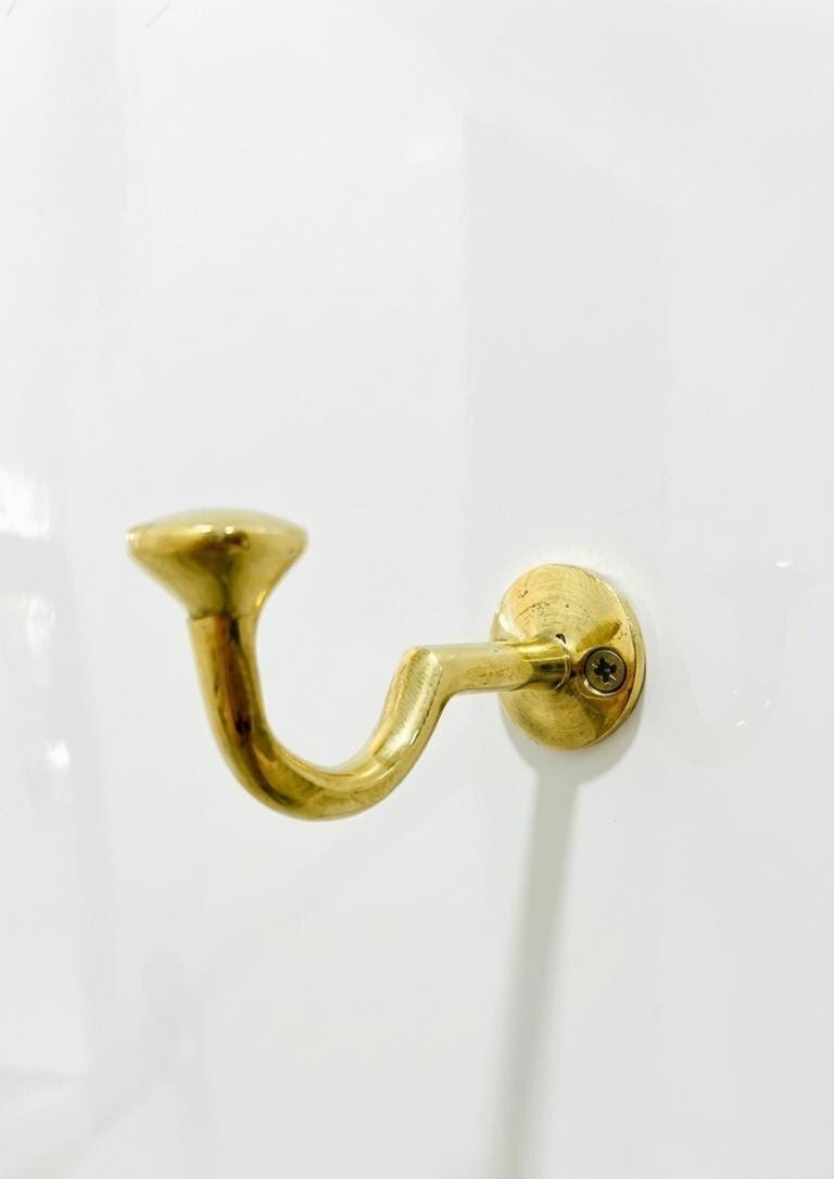 Unlacquered Solid Brass Wall Hooks, Single Wall-Mounted Hook.