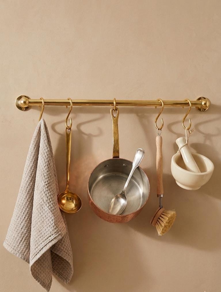 Unlacquered Brass Kitchen Pot Rail with Hooks.