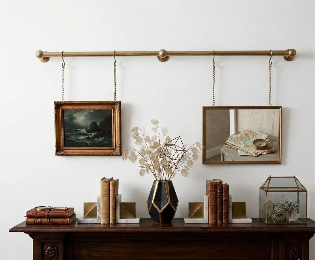 Unlacquered Solid Brass Picture Rail Hanging Kit, Gallery Wall Display Kit for Art Frames.