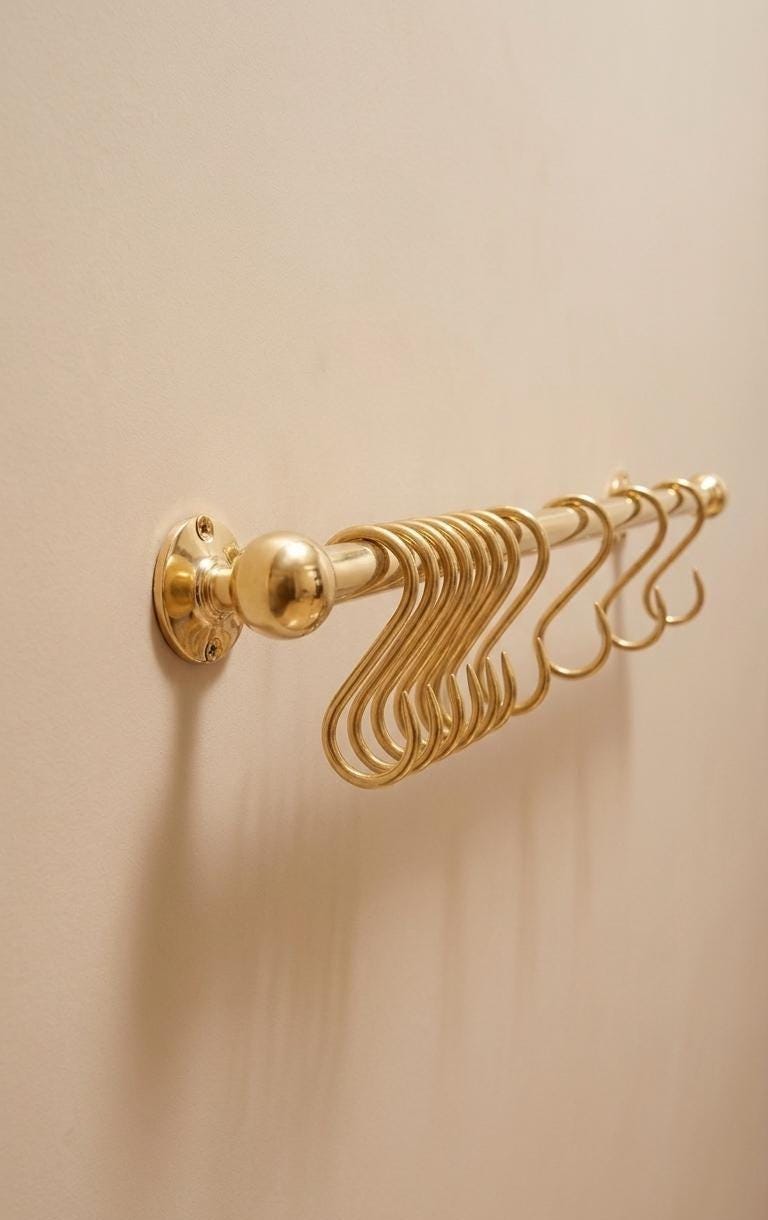 Unlacquered Brass Kitchen Pot Rail with Hooks.