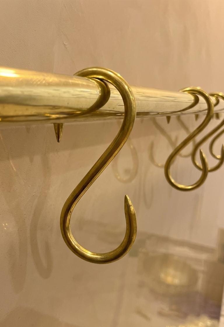 Unlacquered Brass Kitchen Pot Rail with Hooks.
