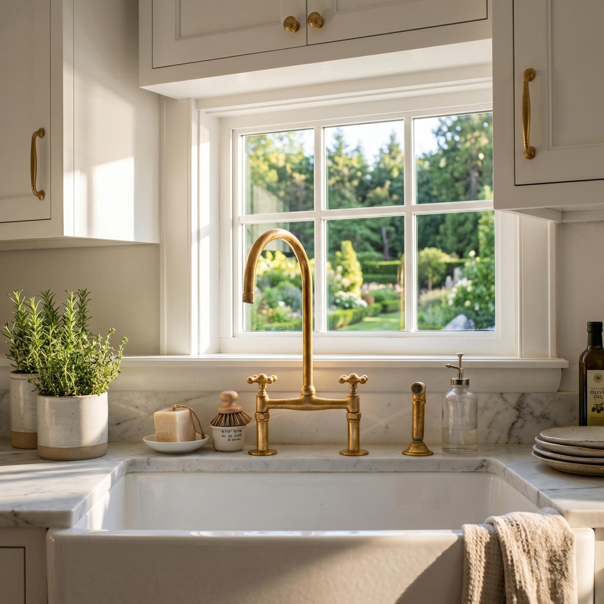 Unlacquered Solid Brass Bridge Kitchen Faucet with Side Sprayer.