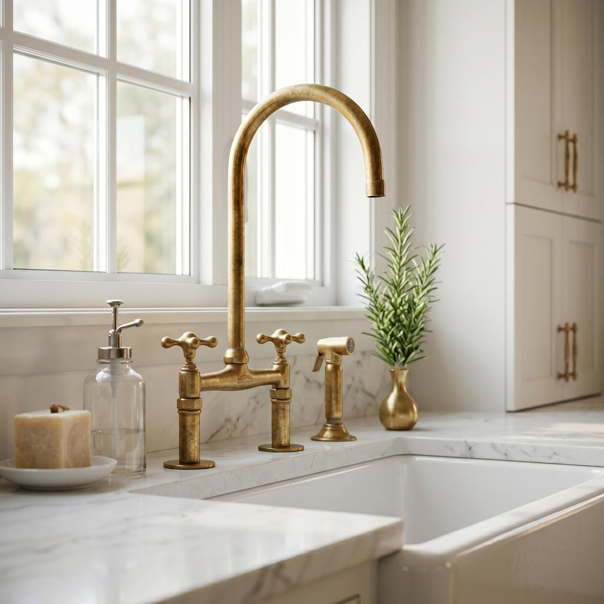 Unlacquered Solid Brass Bridge Kitchen Faucet with Side Sprayer.