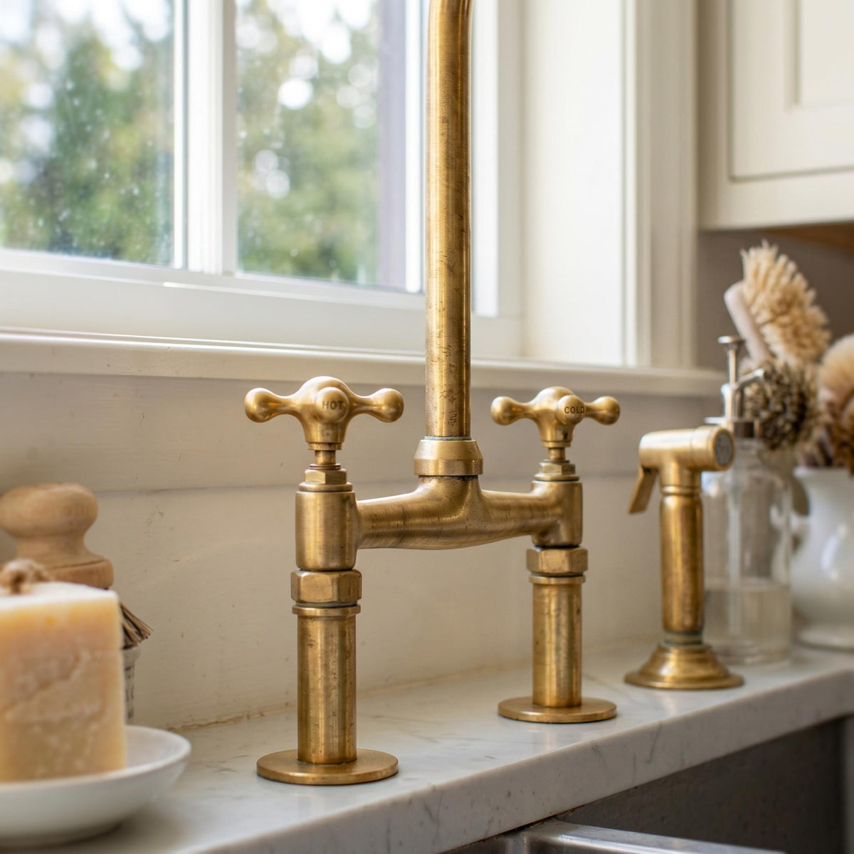 Unlacquered Solid Brass Bridge Kitchen Faucet with Side Sprayer.