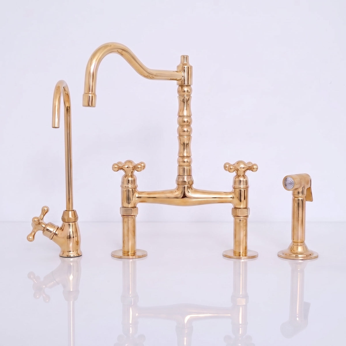 Unlacquered Solid Brass Bridge Kitchen Faucet - Vintage Classic Kitchen Sink Tap