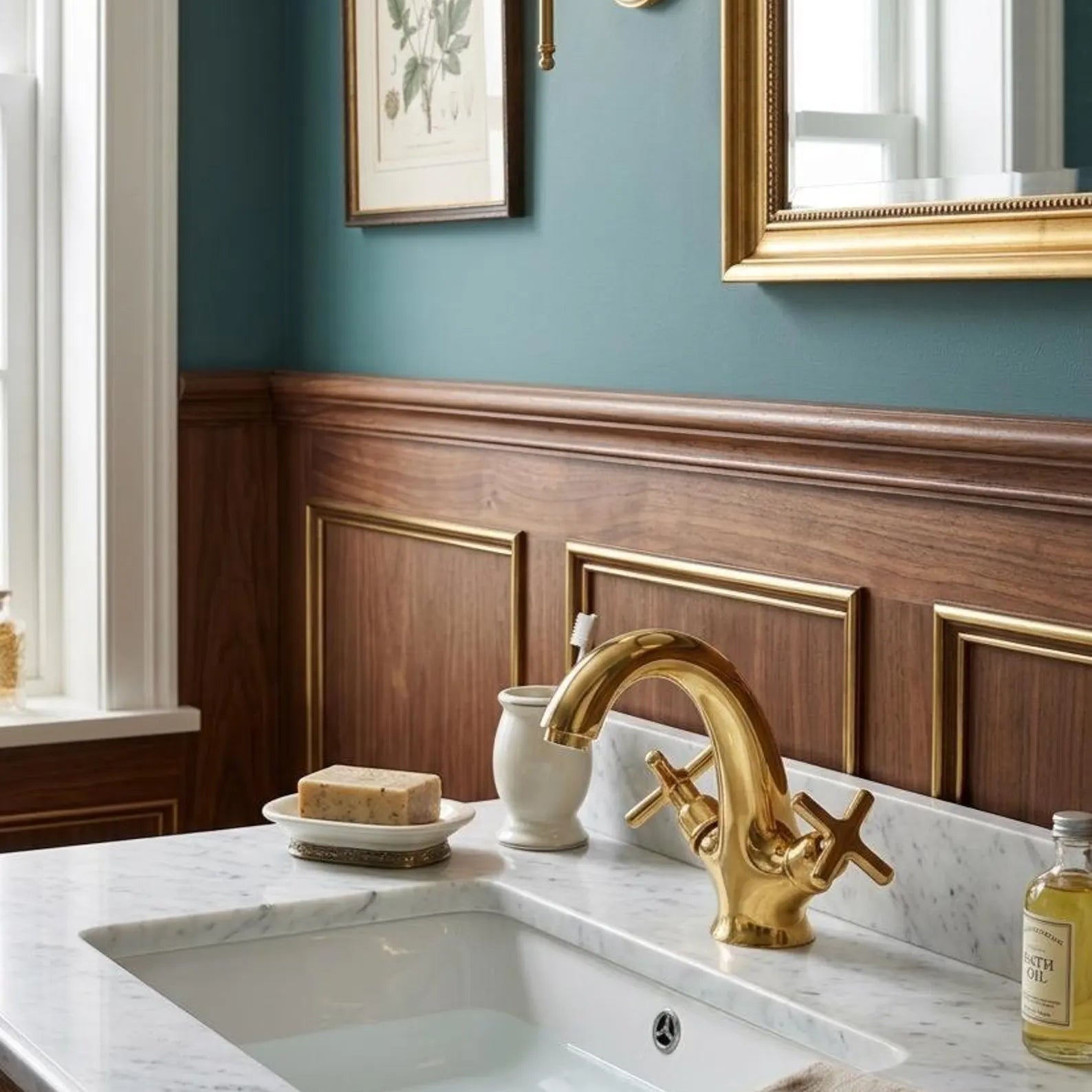 Bathroom with gold faucet, marble countertop, and wooden paneling.