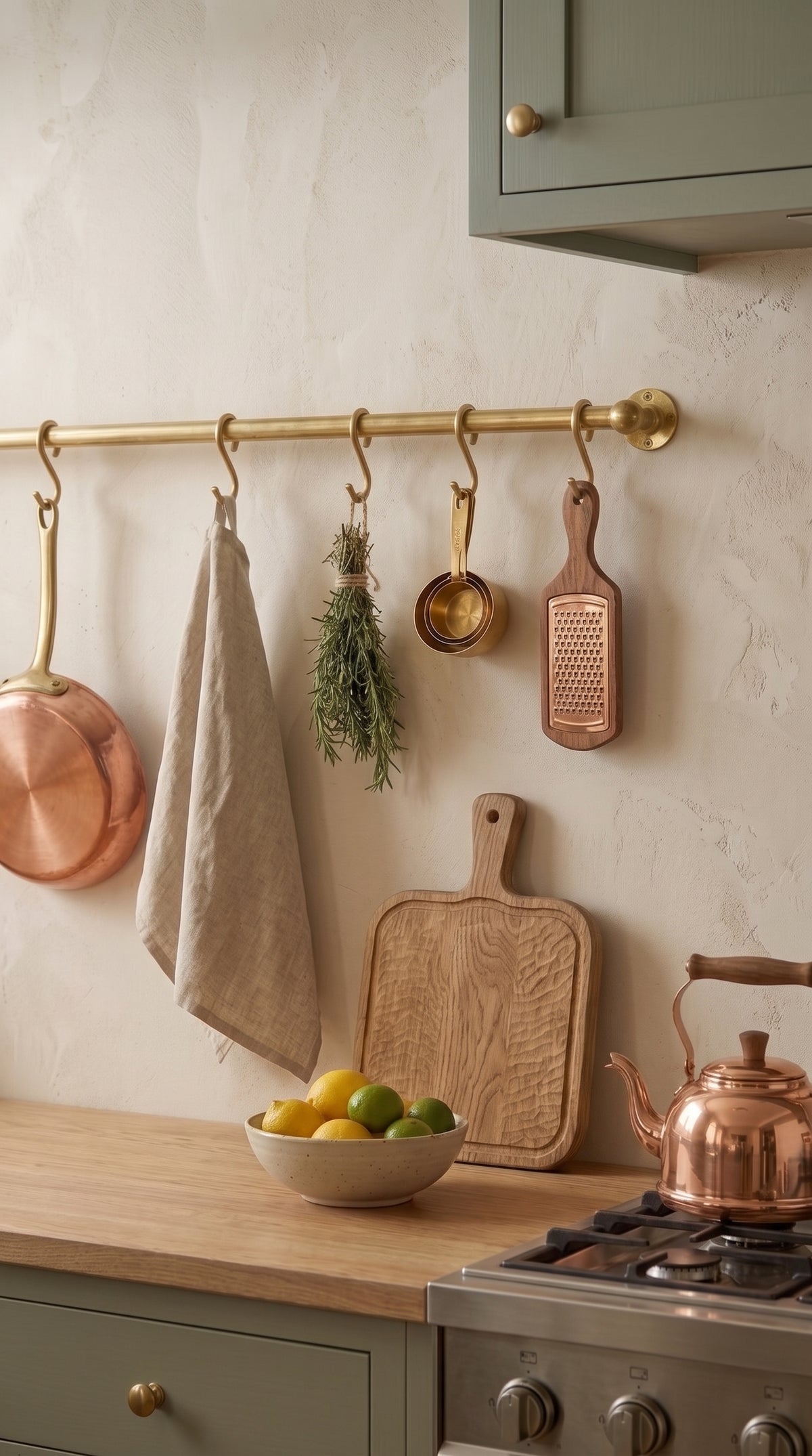 Solid Brass Pot Rail With Hooks, Unlacquered Brass Kitchen Pot Rack, Pot Hangers