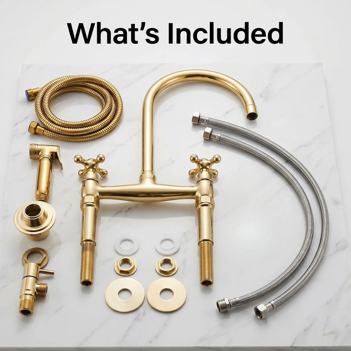 Unlacquered Solid Brass Bridge Kitchen Faucet with Side Sprayer.