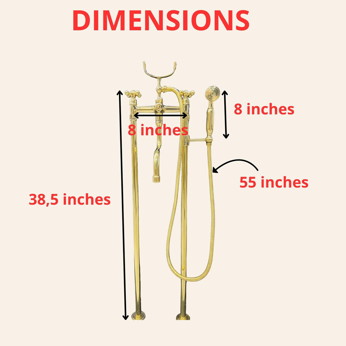 Unlacquered Solid Brass Freestanding Tub Filler With Handheld, Floor Mount Bathtub Faucet.