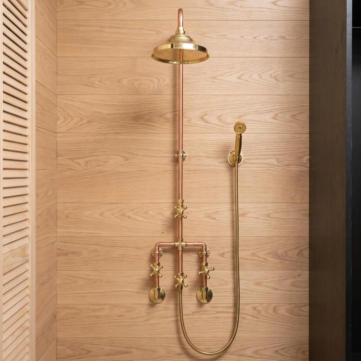 Unlacquered Solid Copper and Solid Brass Outdoor Shower System with Handheld.