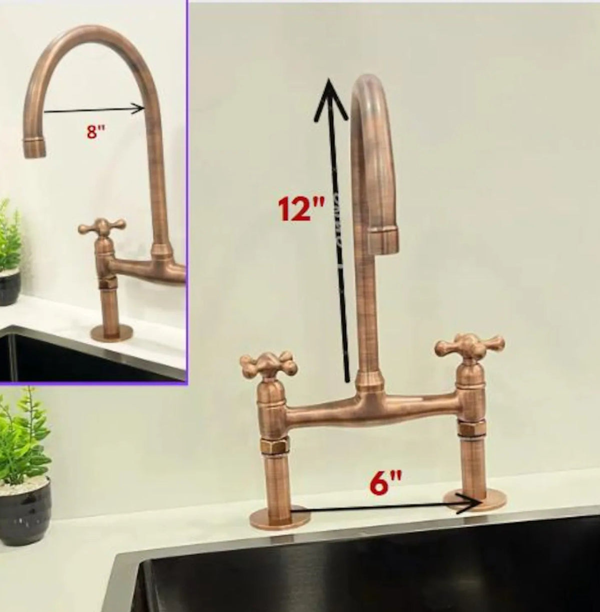 Antique Copper Kitchen Bridge Faucet, 6"-Inch Kitchen Sink Tap.