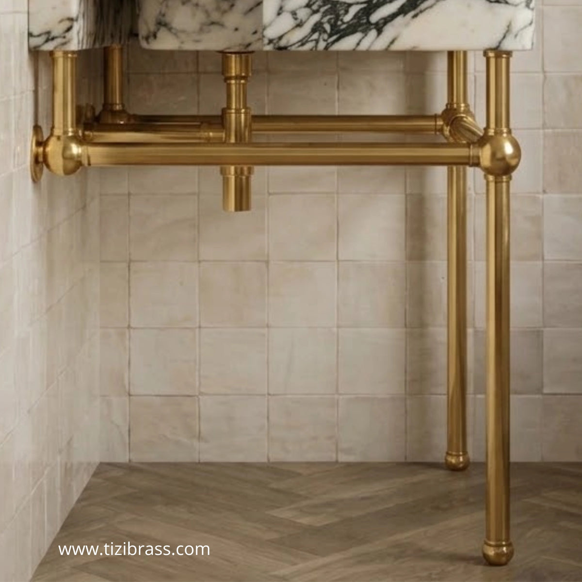 Brass console legs with crossbar and wall mount, corner installation detail