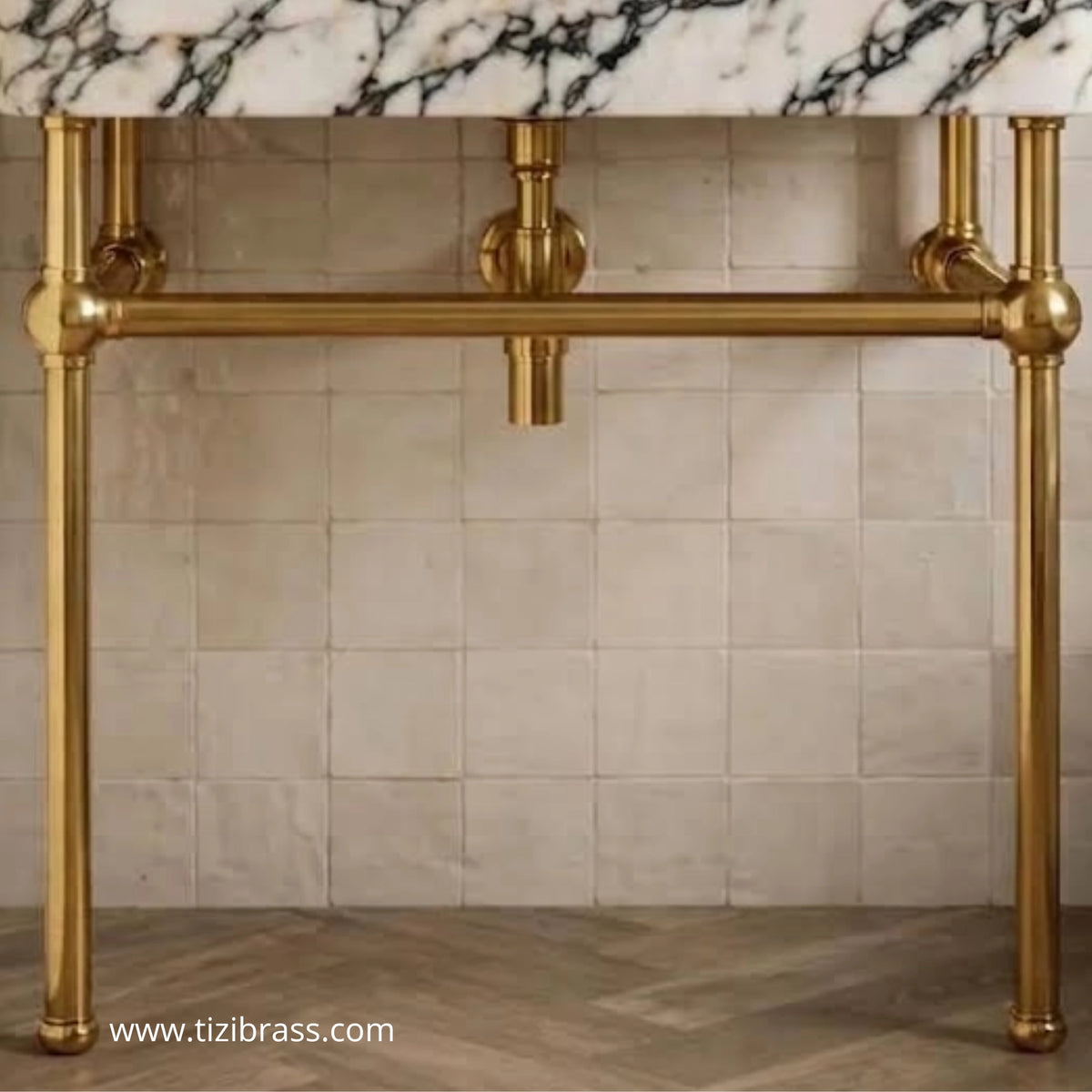 Solid brass console legs frame detail, underneath view with marble top