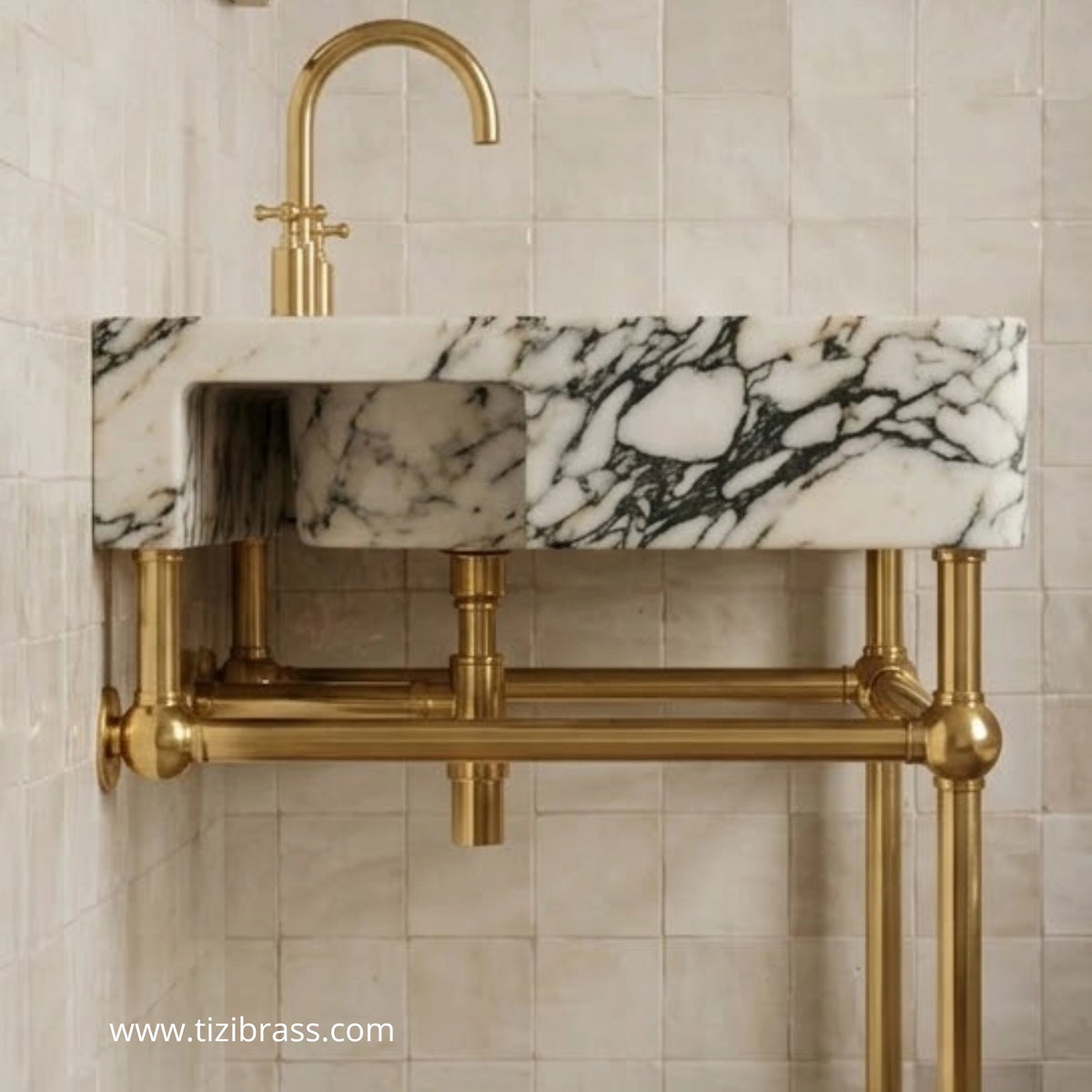 Unlacquered brass console legs supporting marble vanity top, corner bathroom installation