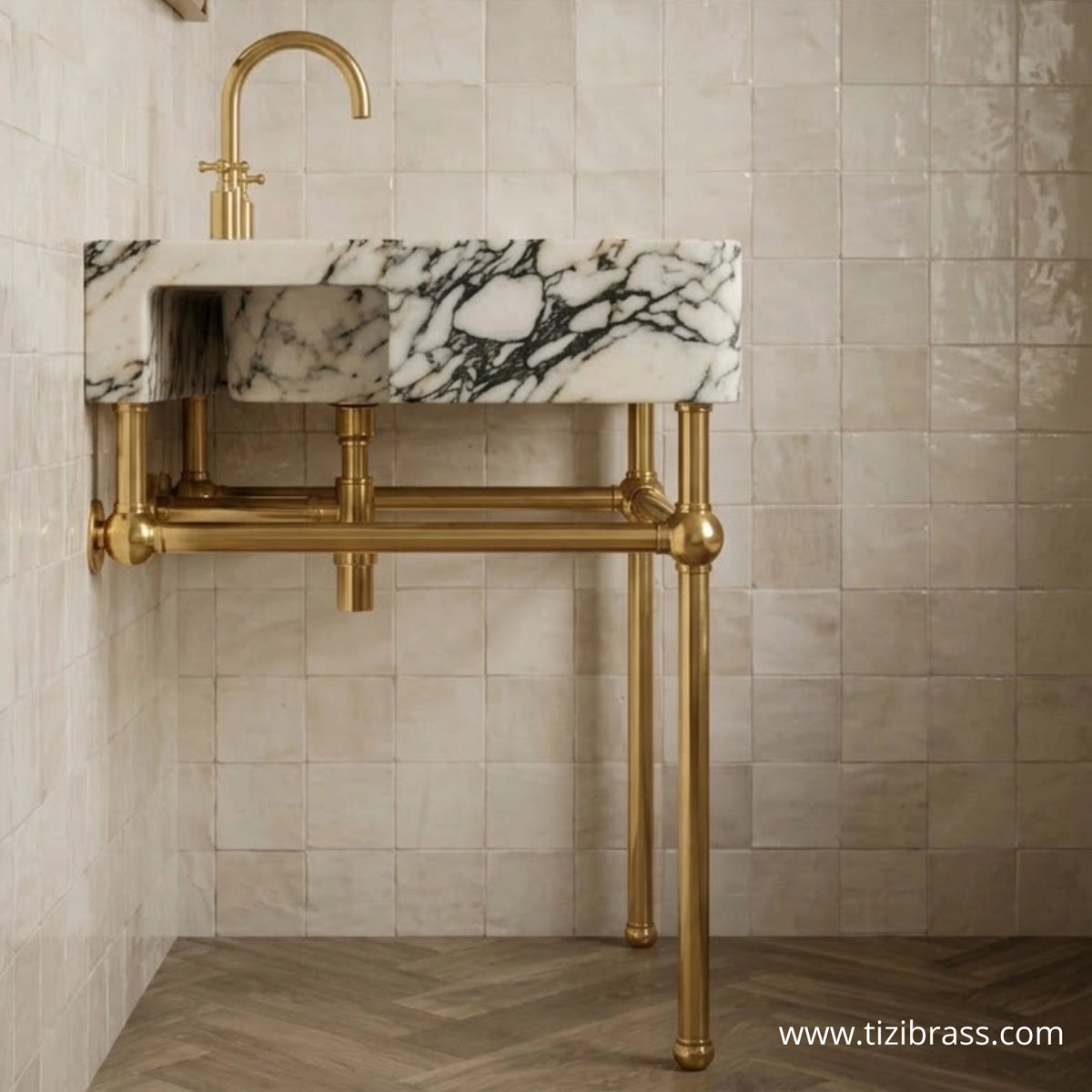 Unlacquered brass console legs with marble vanity top, side angle view