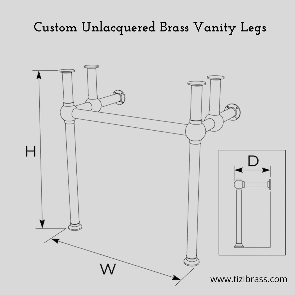 Custom unlacquered brass vanity legs dimensions diagram showing width, depth, height