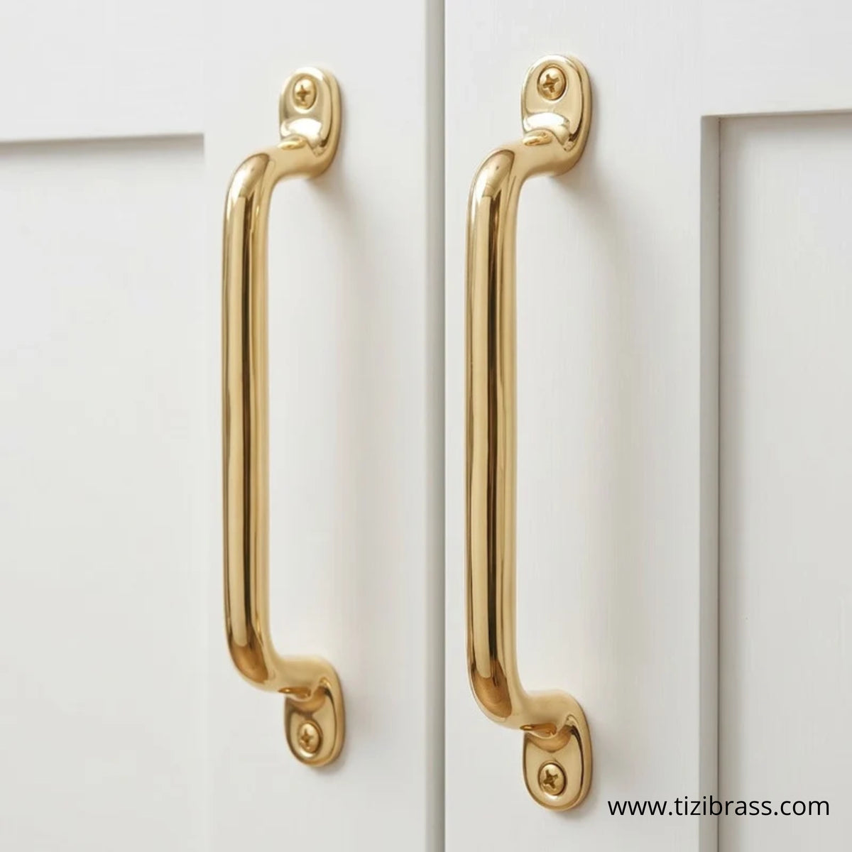 Unlacquered brass cabinet pulls, solid brass drawer handles on white cabinets