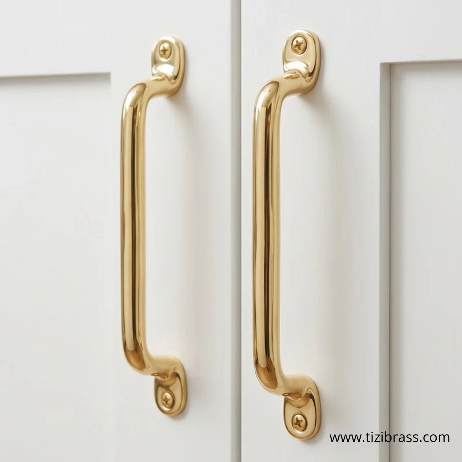 Unlacquered brass cabinet pulls, solid brass drawer handles on white cabinets