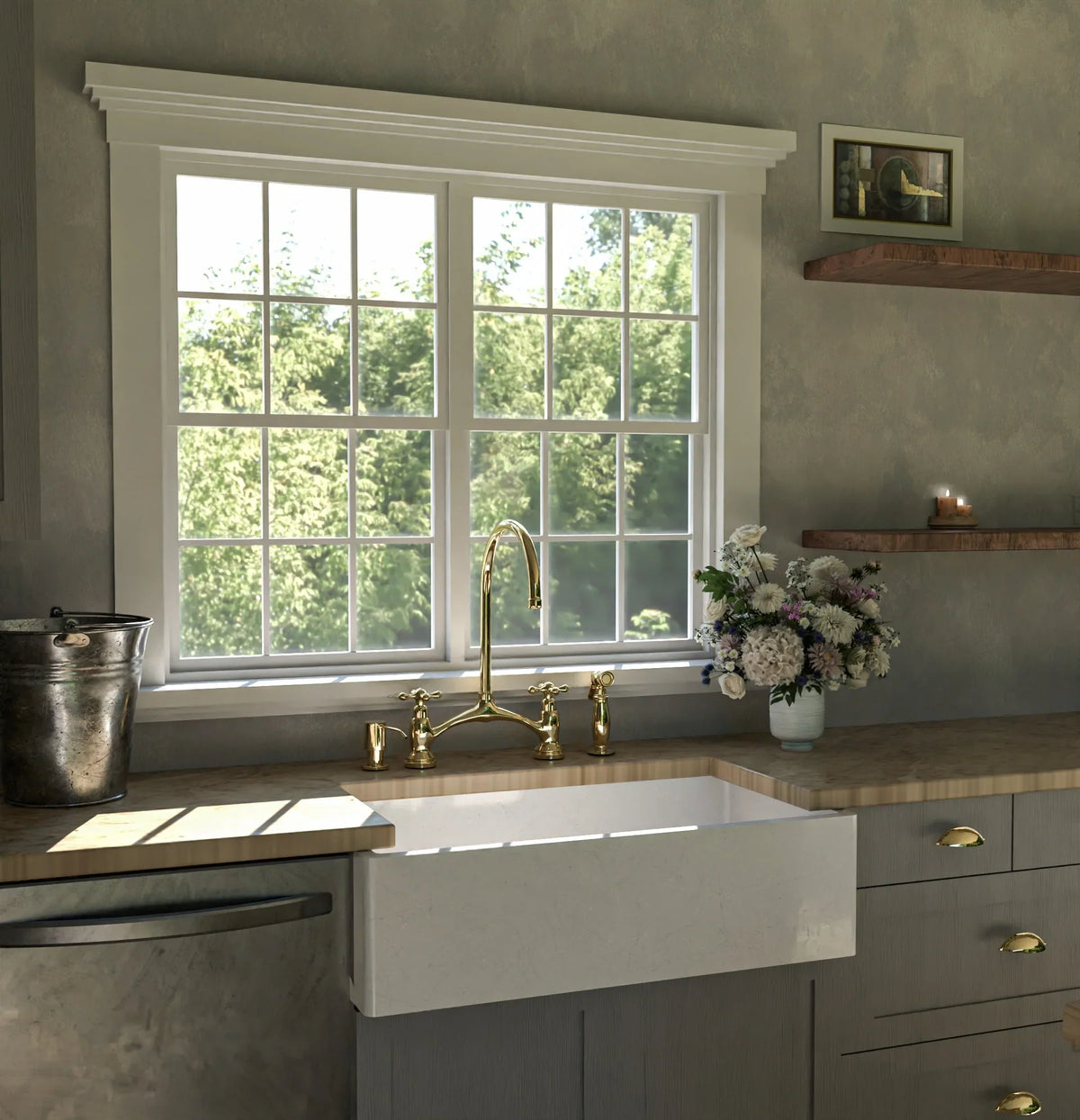 Brass V-Style Bridge Kitchen Faucet, Arched Brass Tap