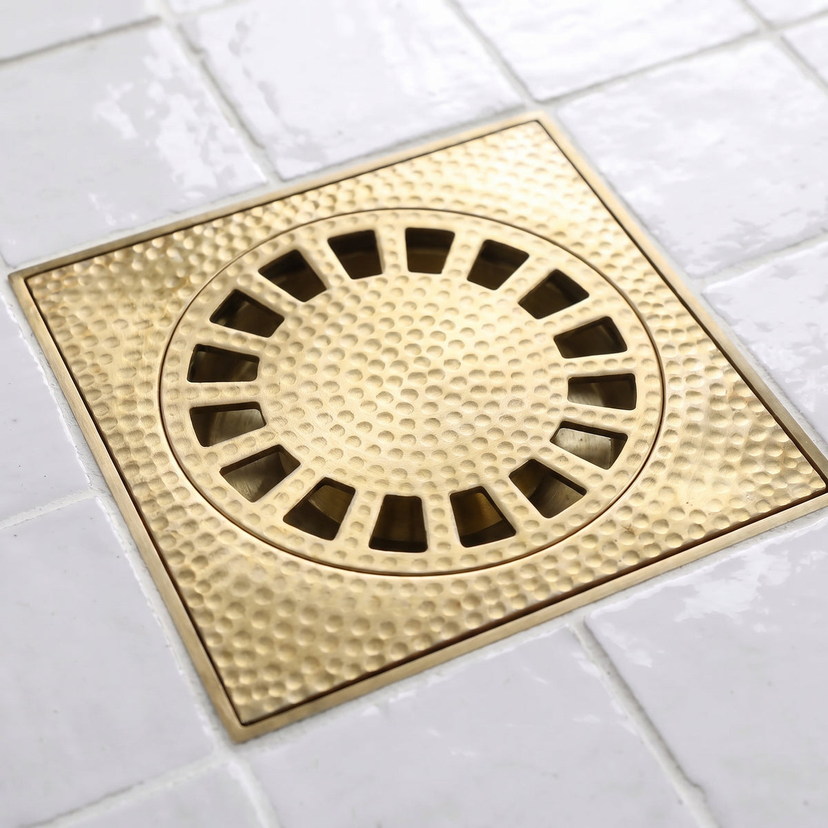 Solid Brass Floor Drain, Hammered Square Shower Drain